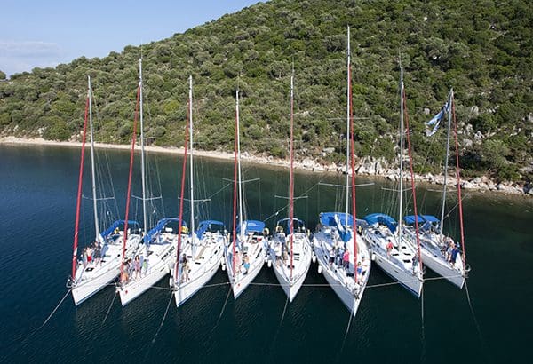 A fleet of sleek white sailboats docked in the water, presenting endless opportunities for yachting adventures.
