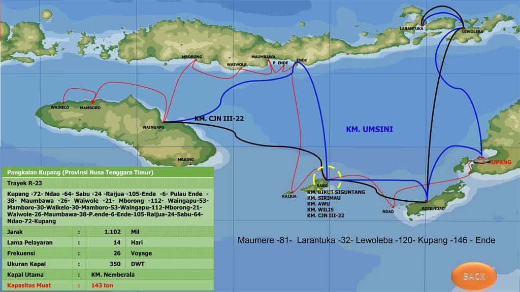 A map showing the route of a cruise in indonesia.