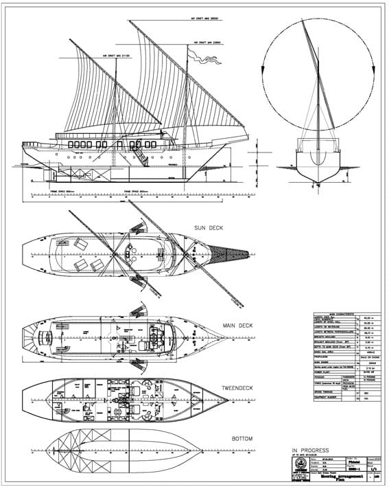A drawing of a boat with plans and drawings.
