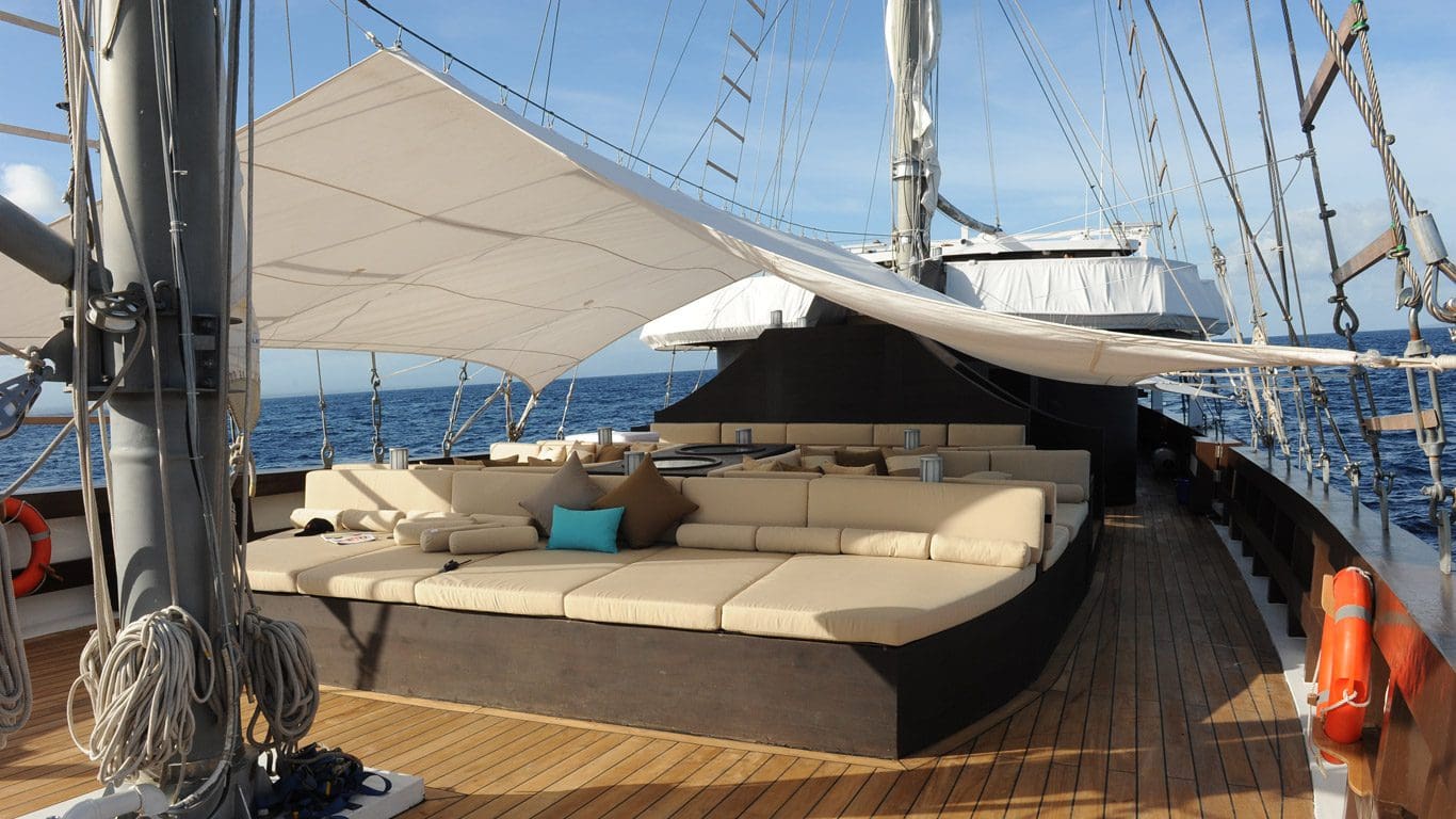 The deck of a yacht sailboat.