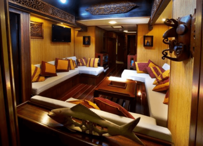 The interior of a wooden boat with couches and tv.
