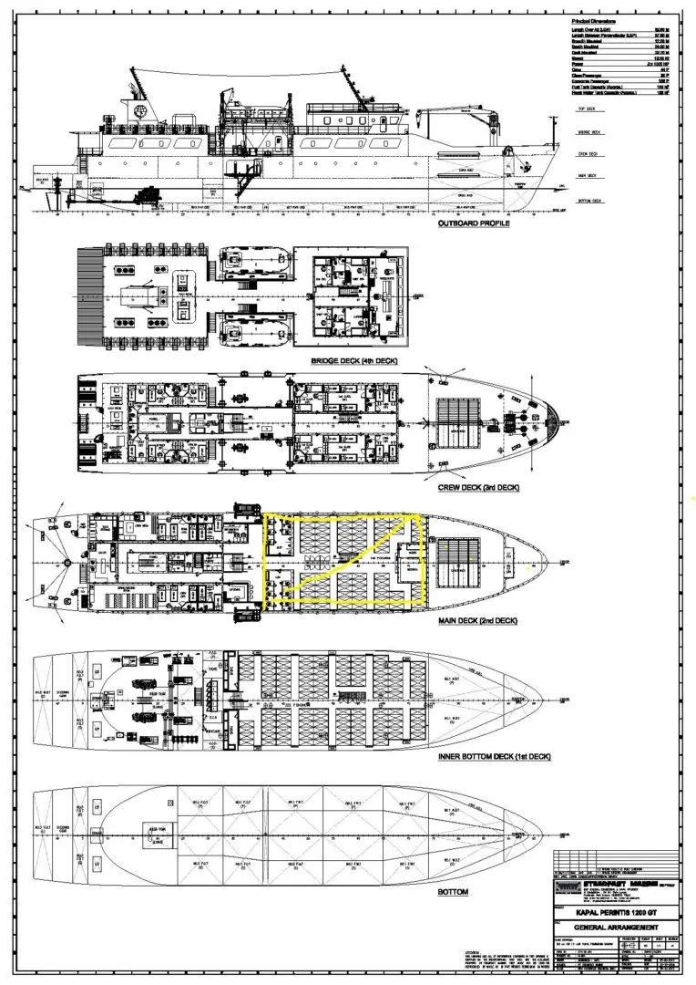 A drawing of a ship with a large number of decks.