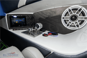 The 2018 Fountain 32 Thundercat for sale features a boat interior equipped with a stereo system and speakers, creating the perfect environment for cruising on the water.