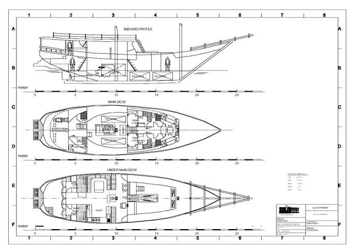 A drawing of a boat with plans and drawings.