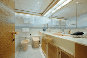 A bathroom with a gold sink and oceanco 126 toilet.