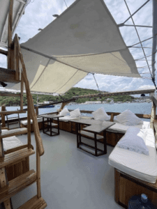 The deck of a boat with comfortable couches and stylish chairs.